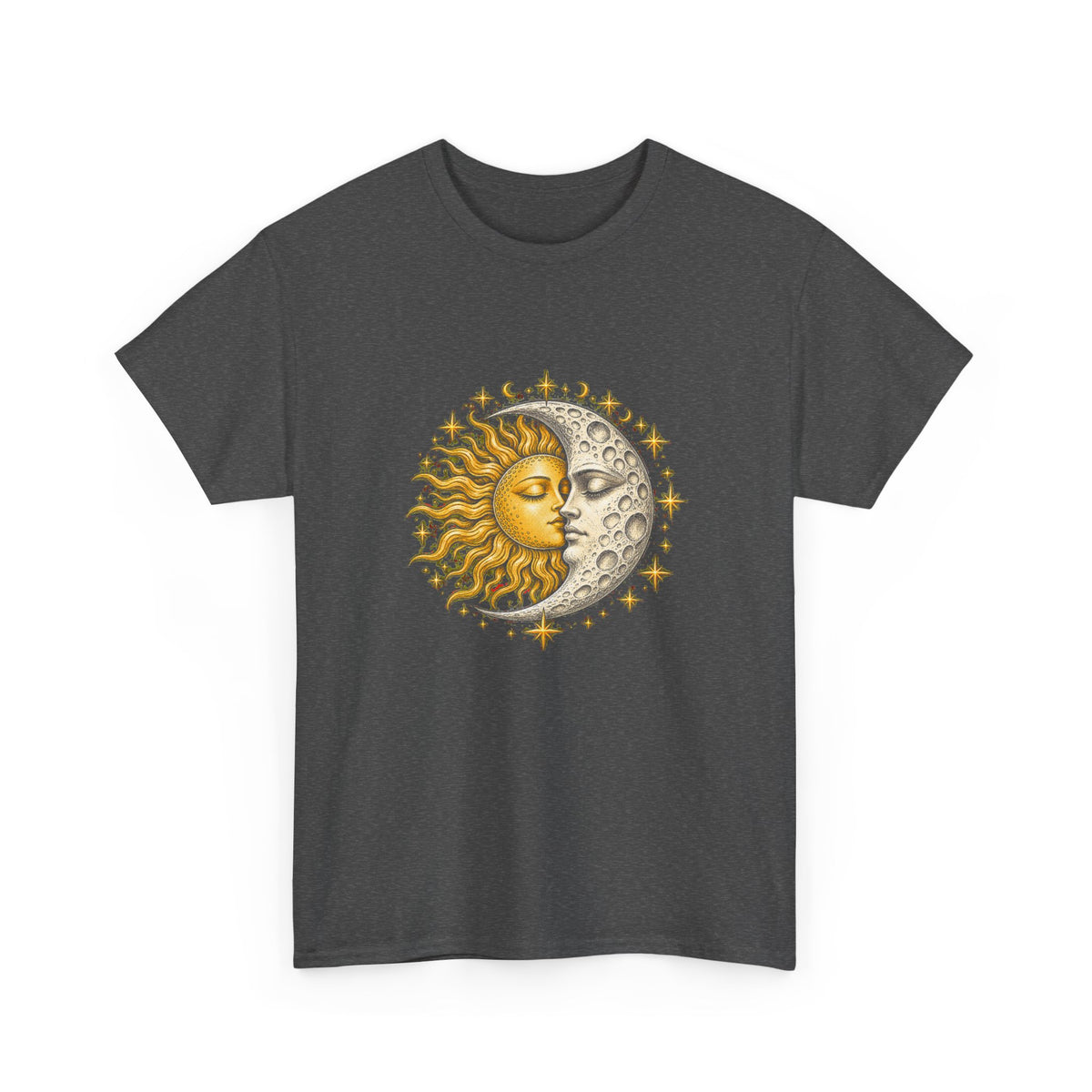 Celestial Sun and Moon Kiss T-Shirt Gold Silver Stars Romance Woodcut Tee