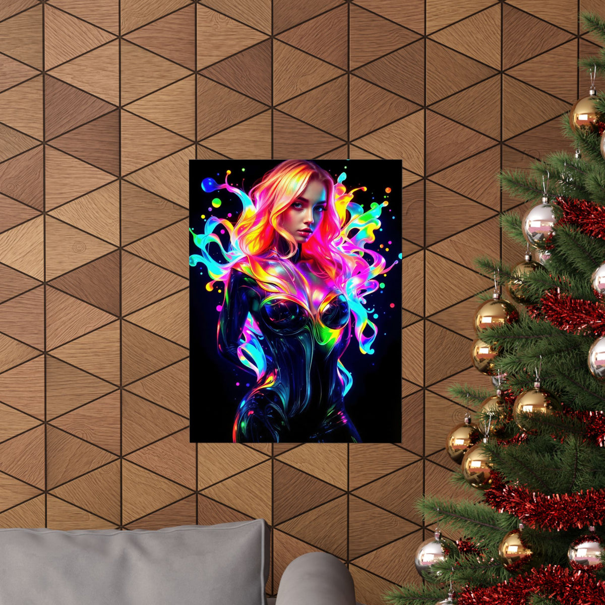Neon Splash Rainbow Hair Woman Poster Matte Vertical Wall Art