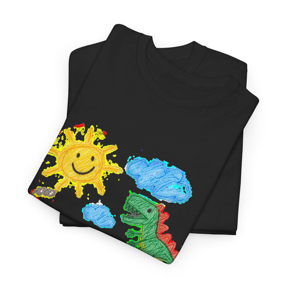 Kids Crayon Drawing T-Shirt Dinosaur Dog Sun House Cute Childlike Art Tee