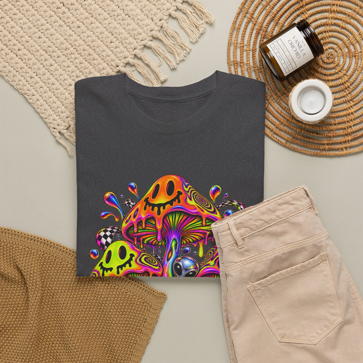 Neon Smiley Mushrooms T-Shirt Acid Alien Trippy Psychedelic Tee