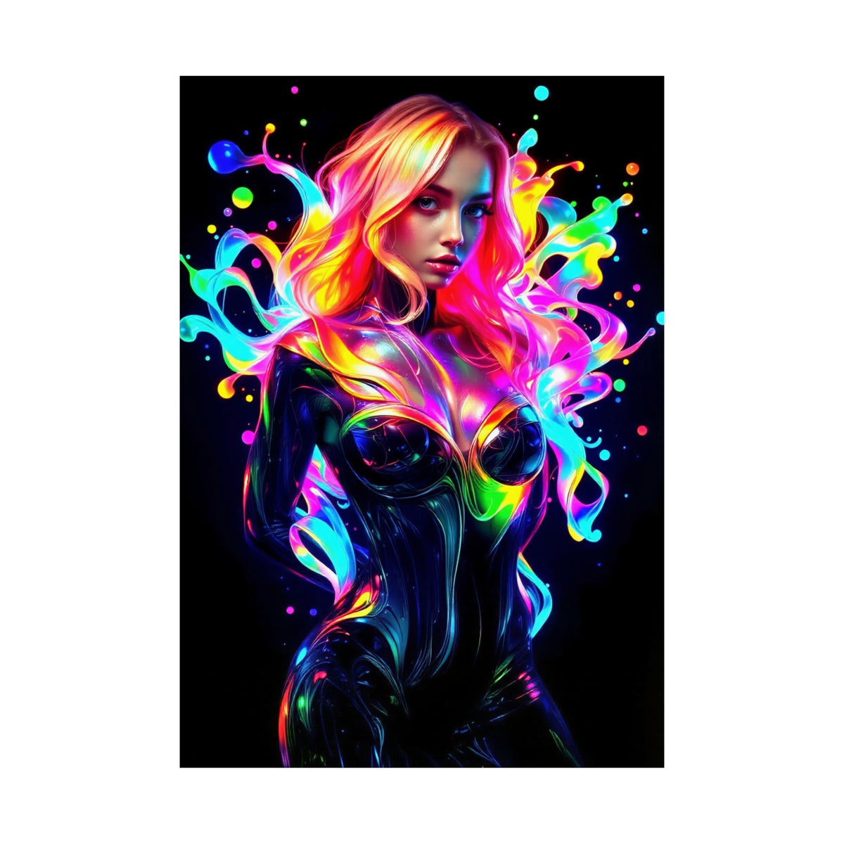 Neon Splash Rainbow Hair Woman Poster Matte Vertical Wall Art