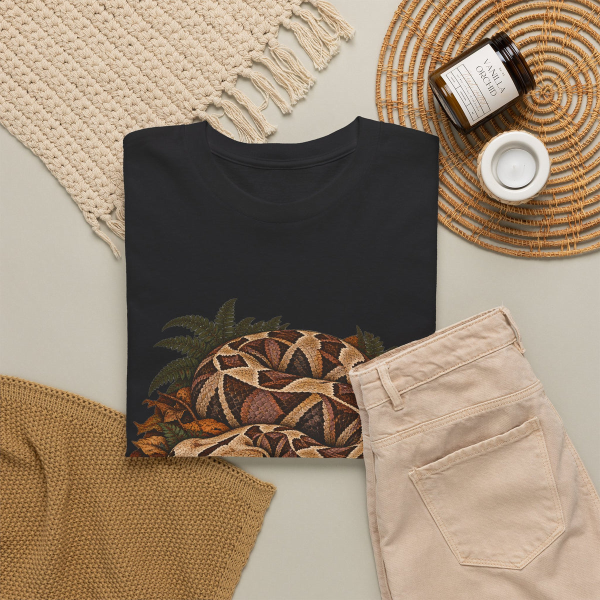Gaboon Viper Autumn Leaves T-Shirt Forest Snake Mushroom Tee