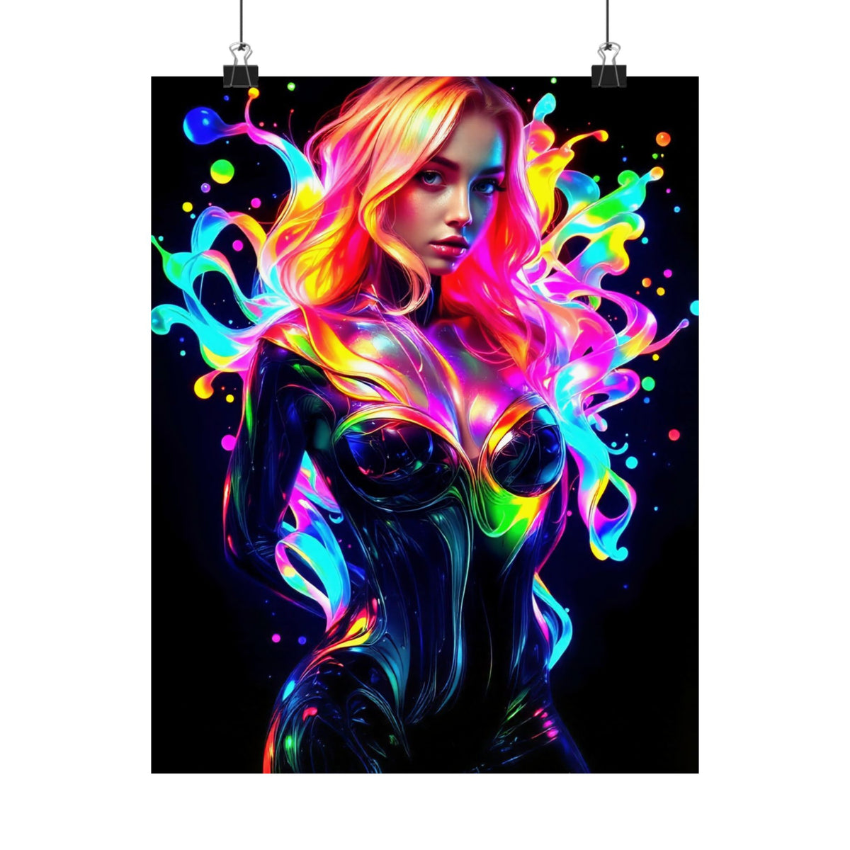 Neon Splash Rainbow Hair Woman Poster Matte Vertical Wall Art