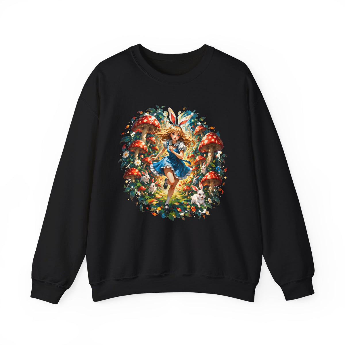 Wonderland Bunny Girl Sweatshirt Red Mushroom White Rabbit Fairytale Forest Crewneck