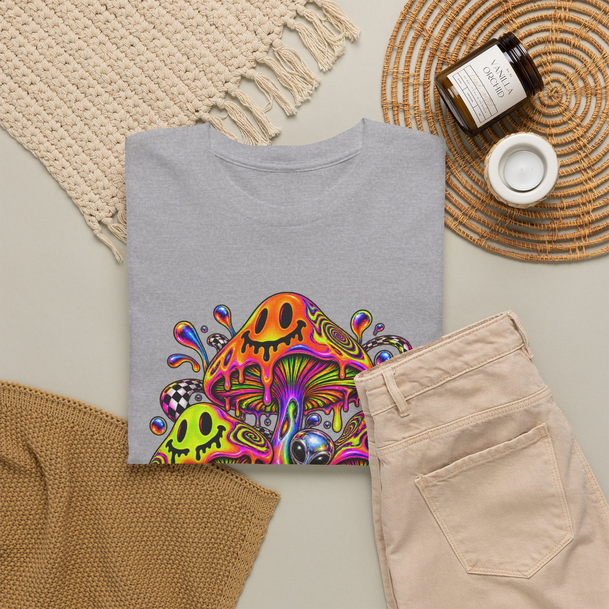 Neon Smiley Mushrooms T-Shirt Acid Alien Trippy Psychedelic Tee