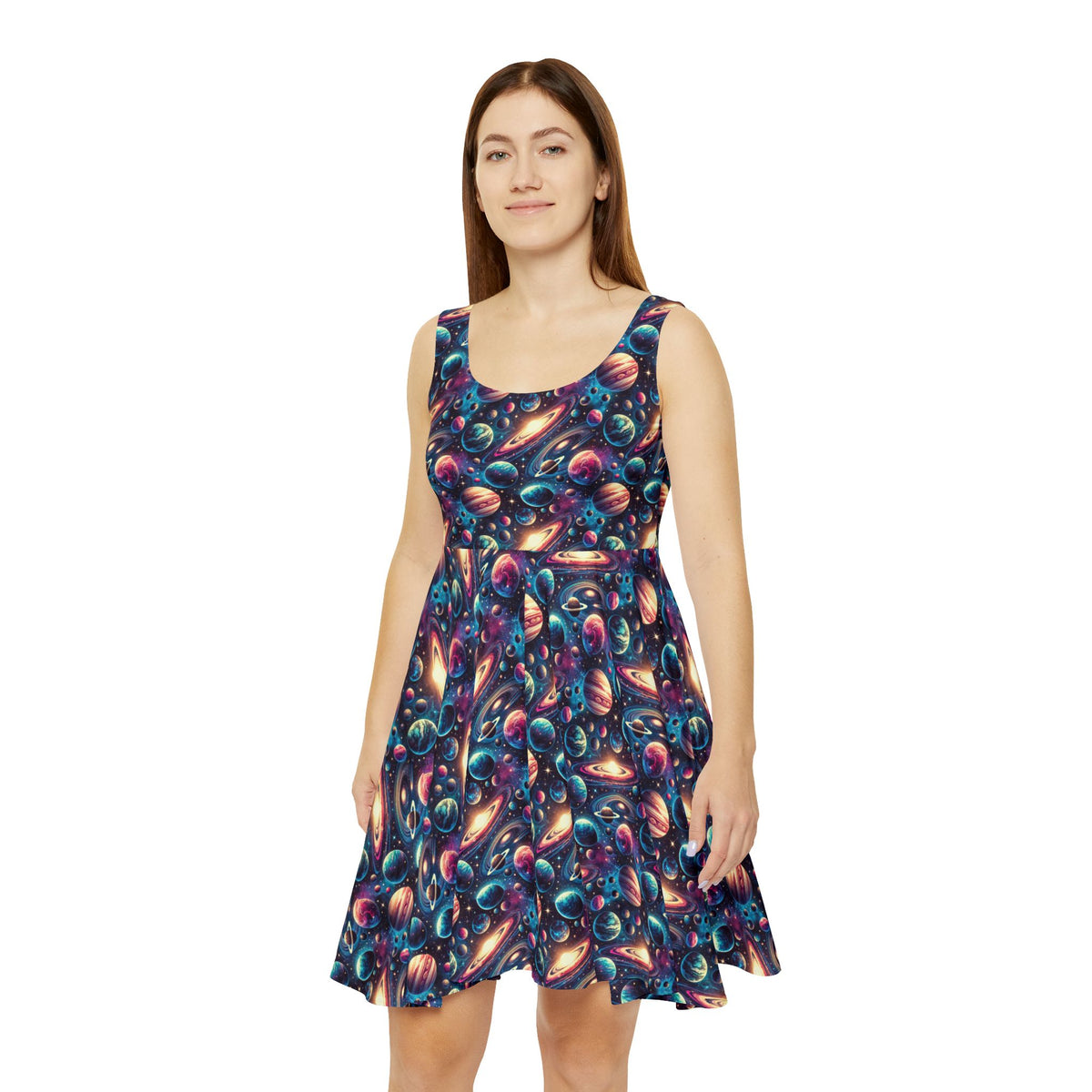 Galaxy Planets Skater Dress Women's Outer Space Print Dress
