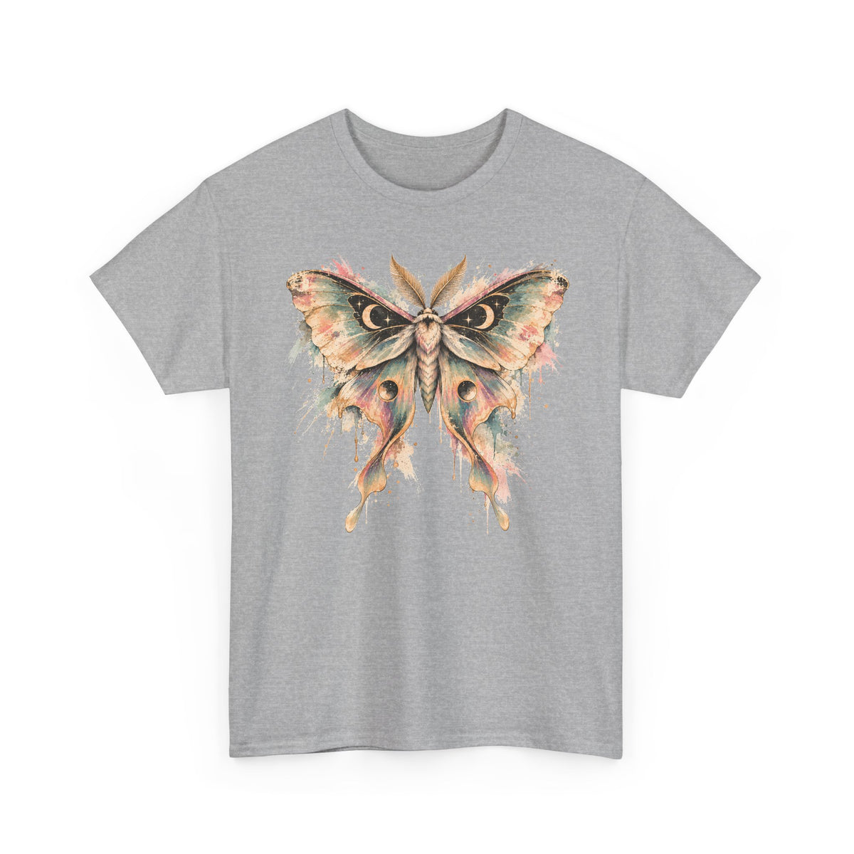 Celestial Luna Moth T-Shirt, Pastel Watercolor Moth Crescent Moon Stars Paint Drip Graphic Tee Unisex