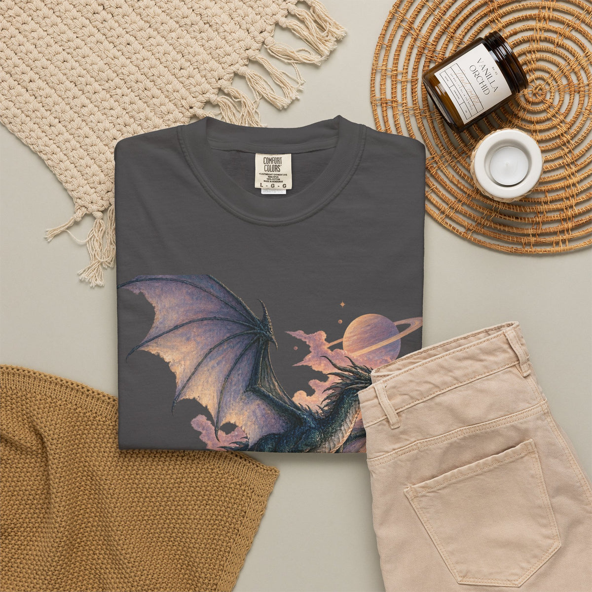 Celestial Dragon Over Forest Tee Fantasy Ringed Planet Mountain Shirt