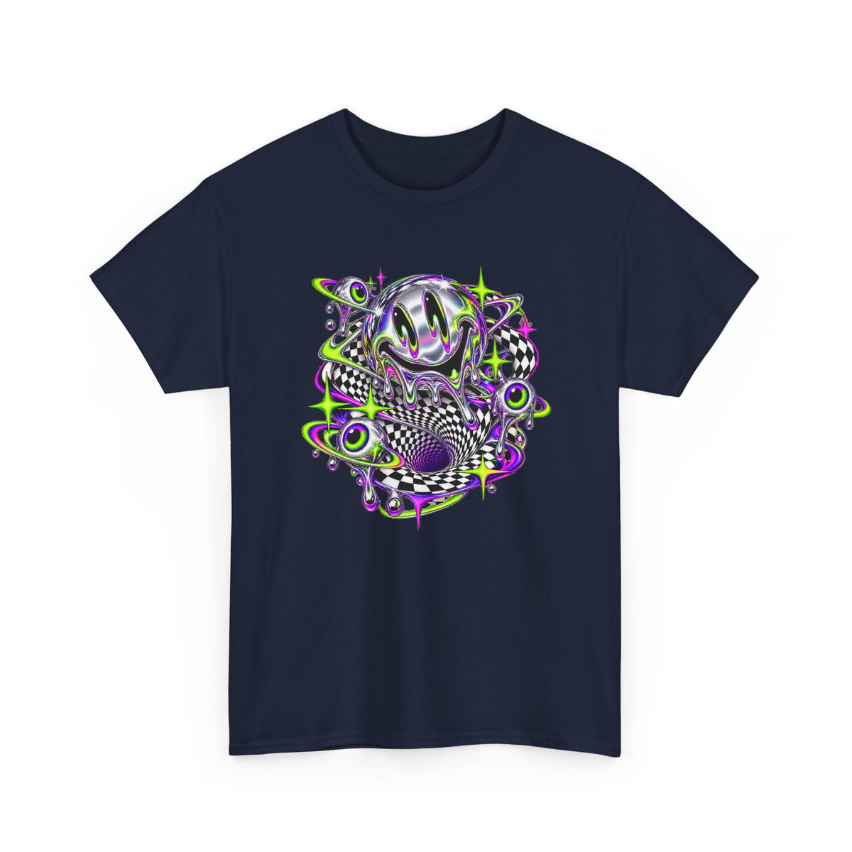 Chrome Melting Smiley T-Shirt Acid Trippy Y2K Psychedelic Tee