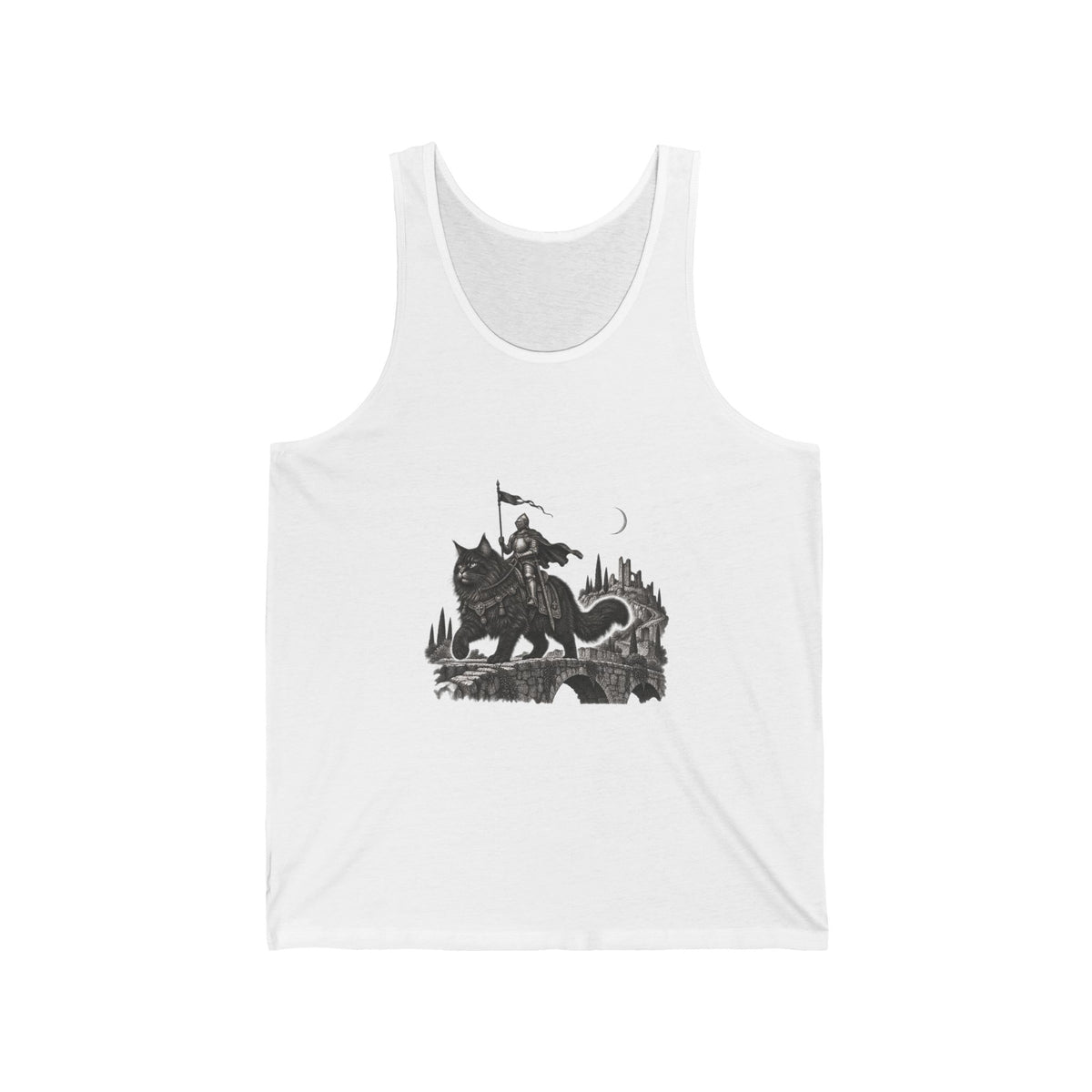 Medieval Knight Riding Giant Cat Tank Top Dark Fantasy Bridge Moon Cat Tank