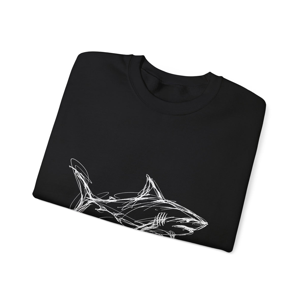 Sketchy White Shark on Black Sweatshirt Minimal Ocean Line Art