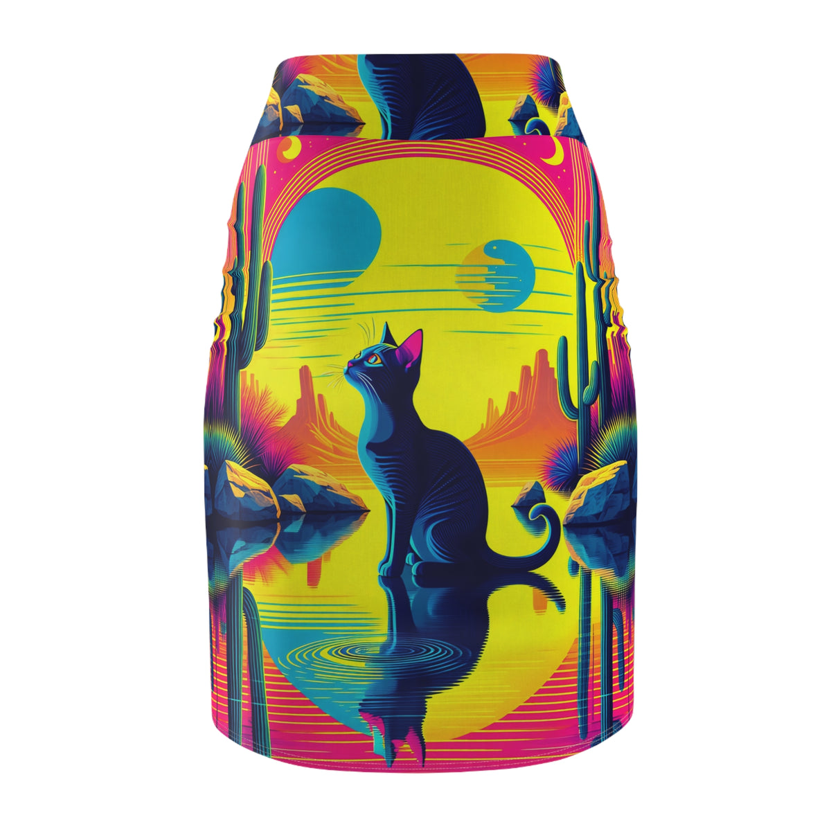 Black Cat Desert Sunset Womens Pencil Skirt Colorful Cactus Print