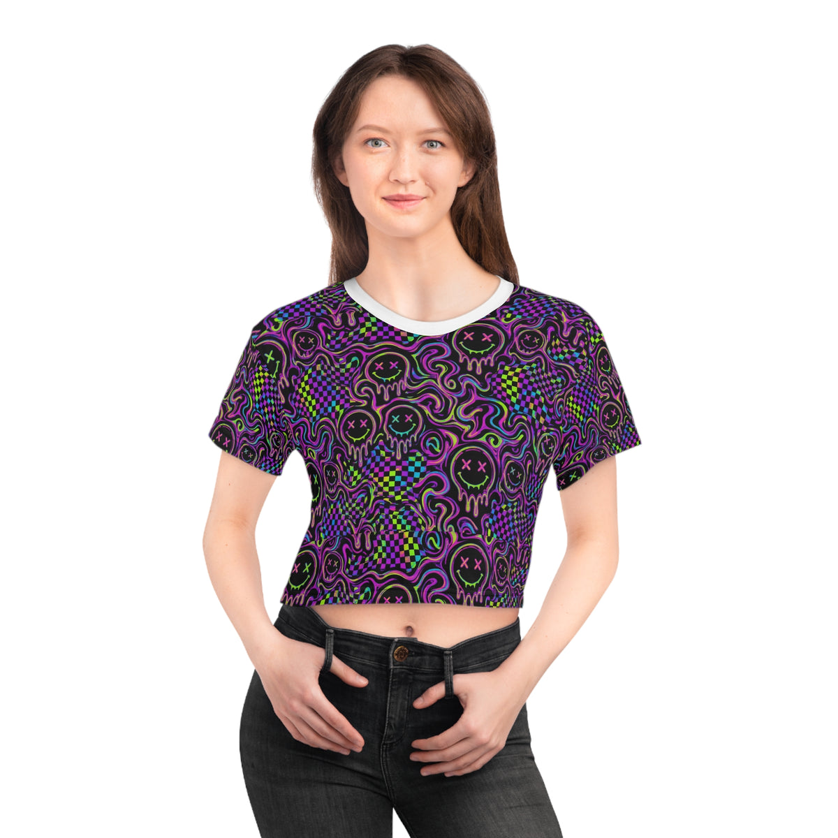 Neon Acid Smiley Rave Crop Top Women Trippy Checkerboard EDM Festival Outfit
