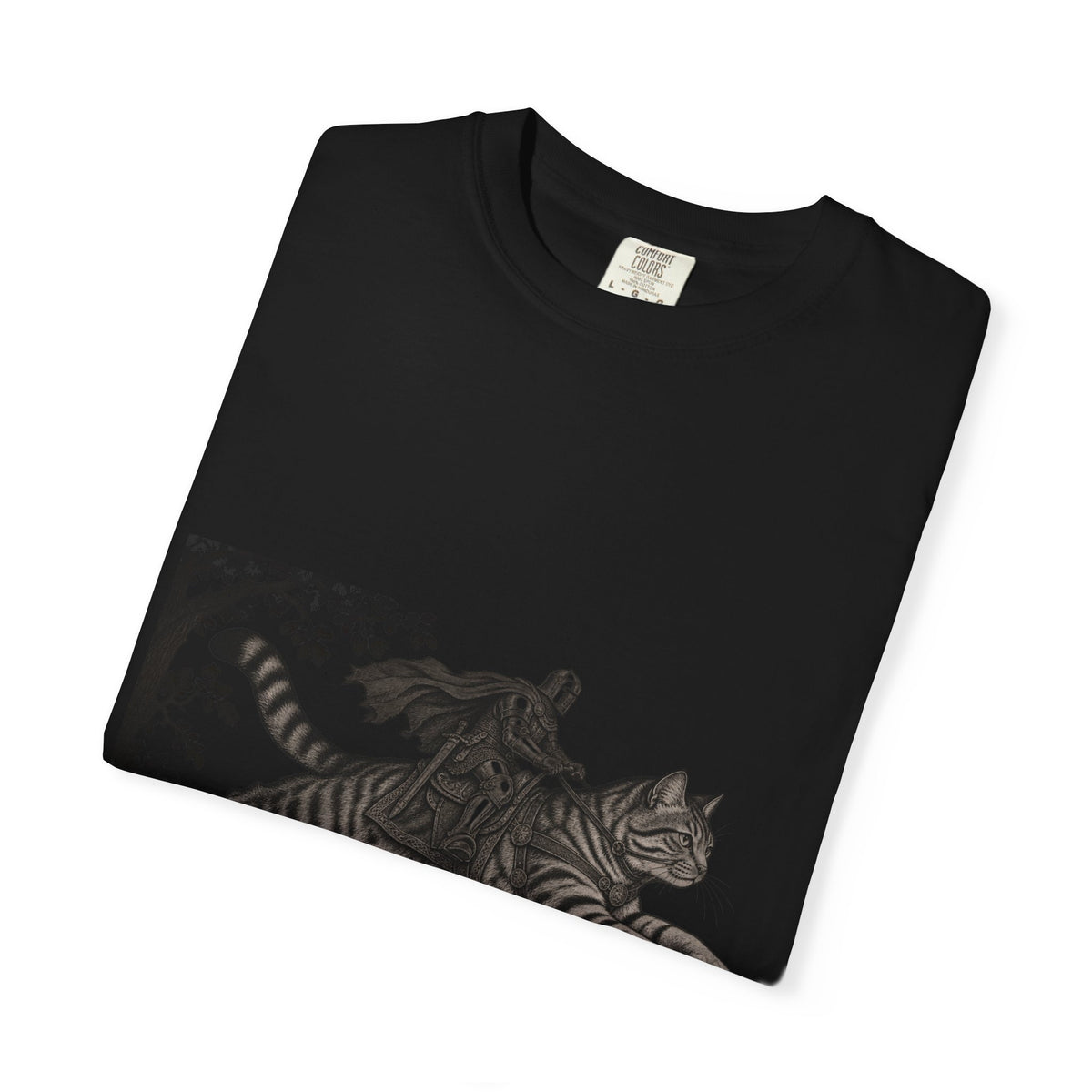 Medieval Knight Riding Leaping Tabby Cat Tee Dark Fantasy Moonlit Cat Shirt