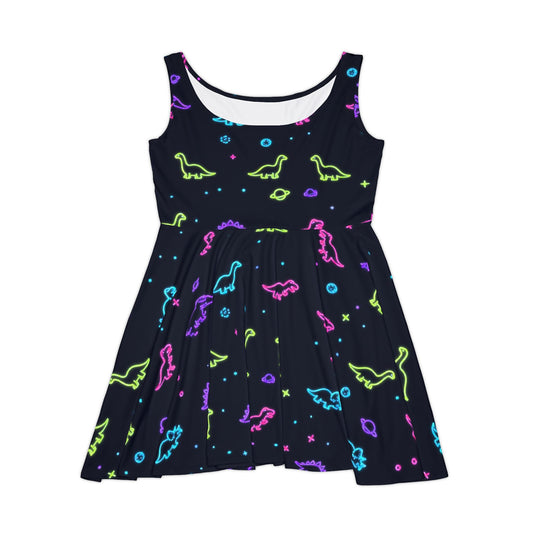 Neon Dinosaur Space Skater Dress Women All Over Print Galaxy Dino Stars Black