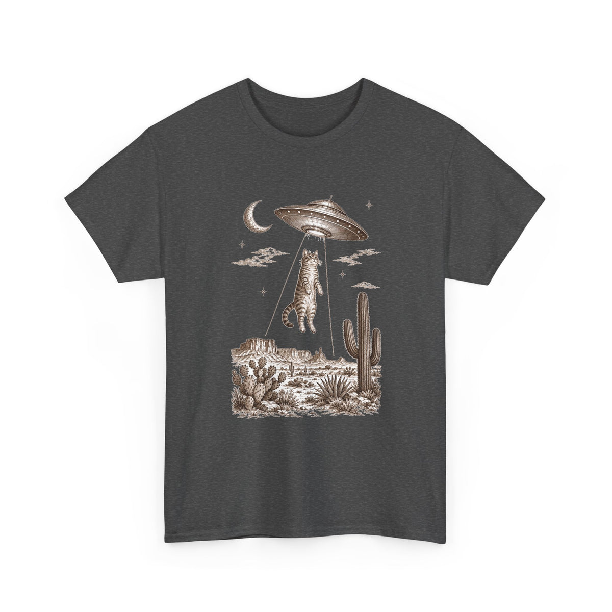 UFO Cat Abduction T-Shirt Sepia Desert Tabby Alien Beam Tee