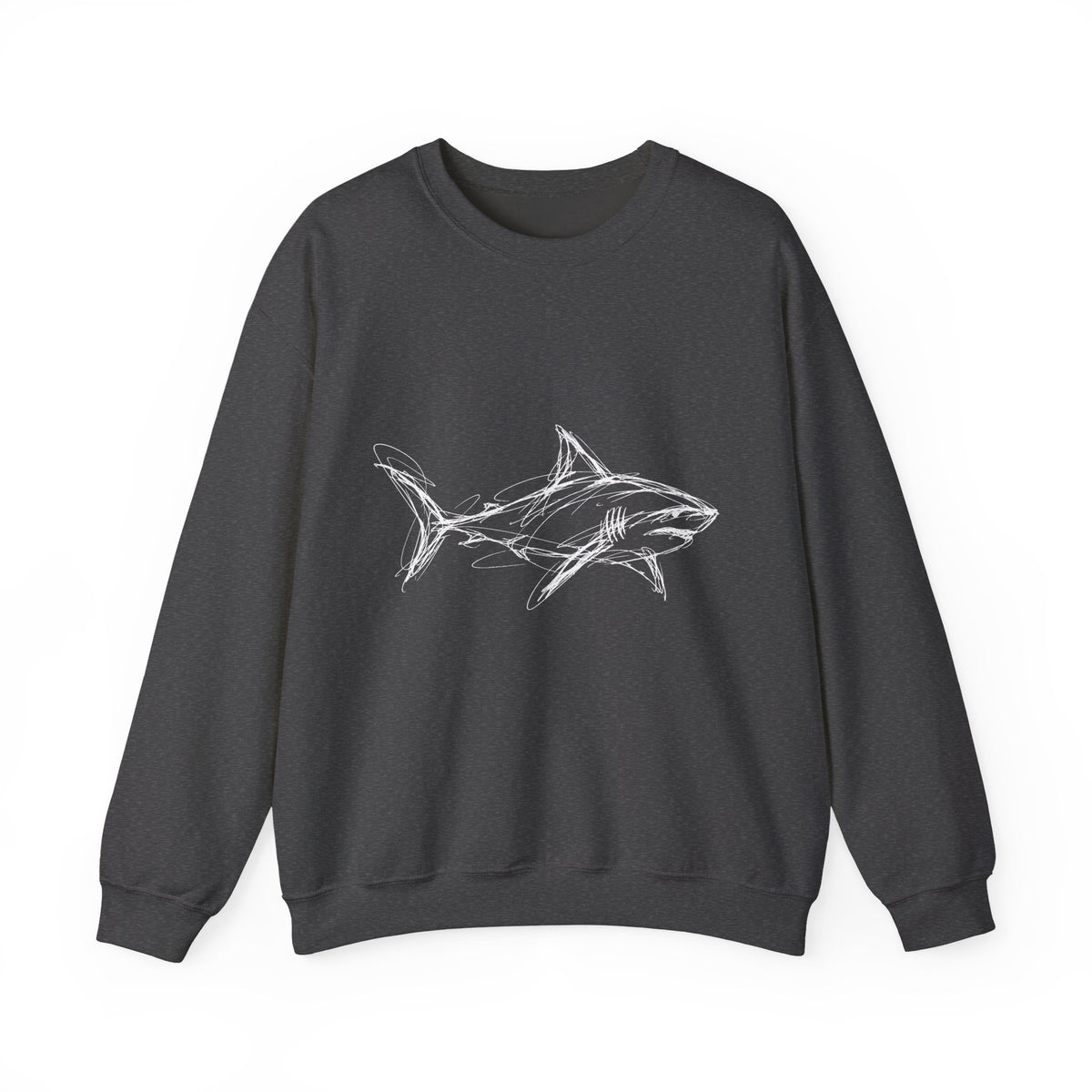 Sketchy White Shark on Black Sweatshirt Minimal Ocean Line Art