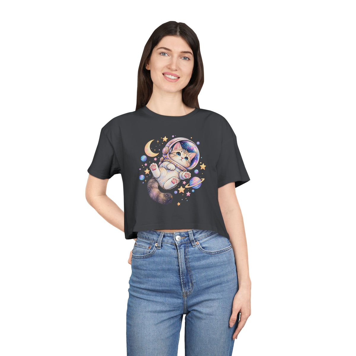 Astronaut Kitten Crop Tee, Cute Pastel Space Cat Helmet Moon Planets Stars Kawaii Women's Cropped T-Shirt
