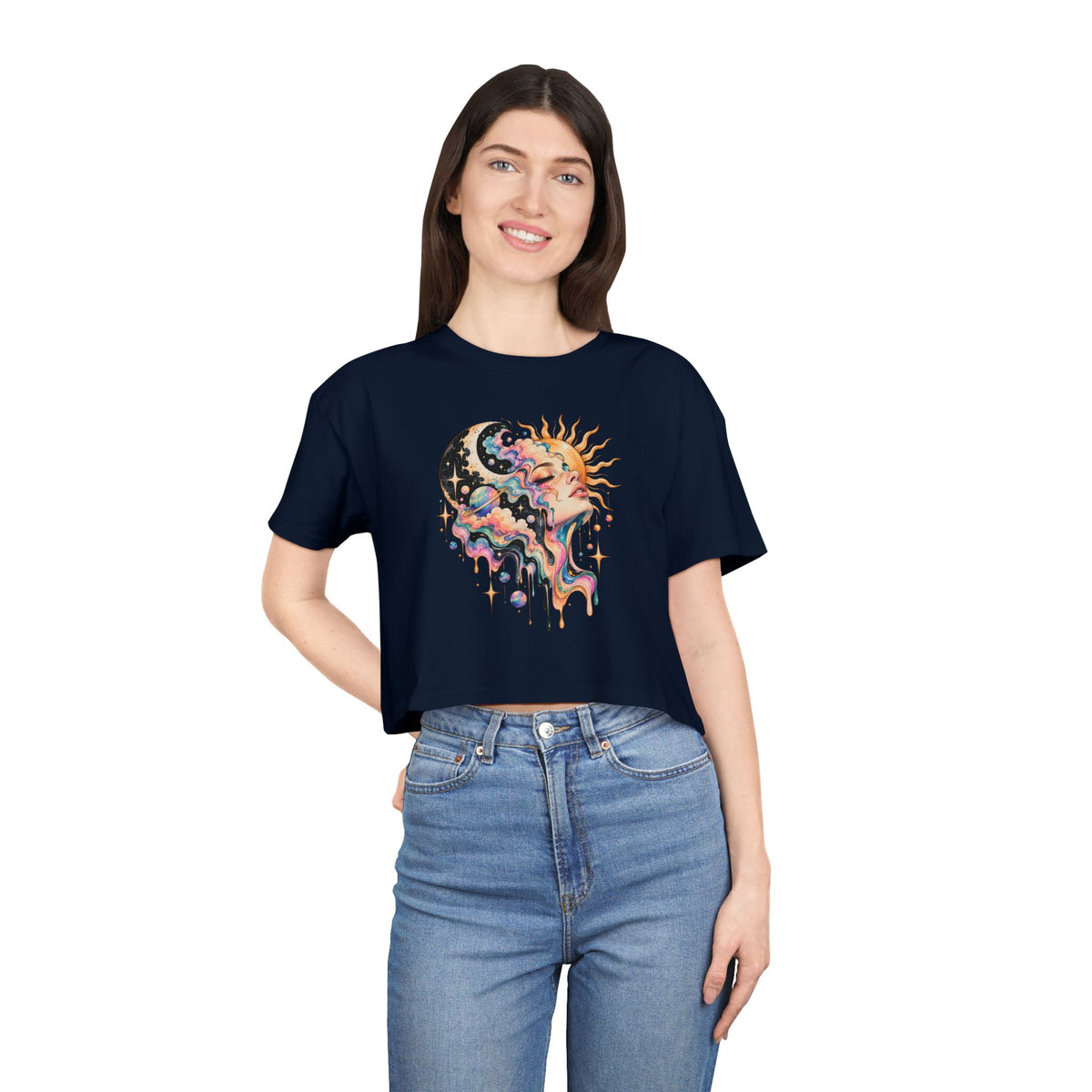 Celestial Sun and Moon Woman Crop Tee, Pastel Cloud Hair Melting Drip Planets Stars Women's Cropped T-Shirt
