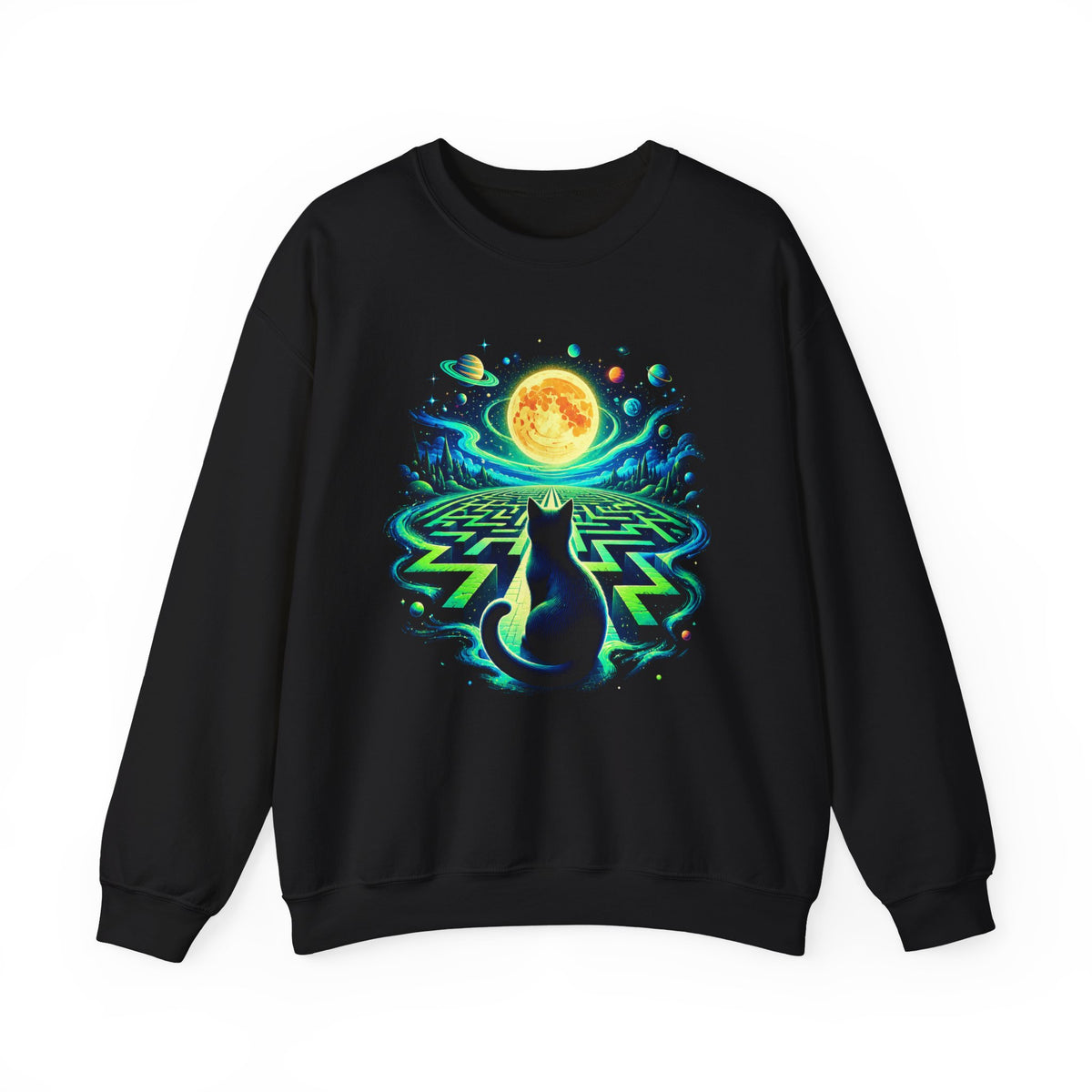 Black Cat Neon Maze Crewneck Sweatshirt Gold Moon Planets Celestial Cat Art