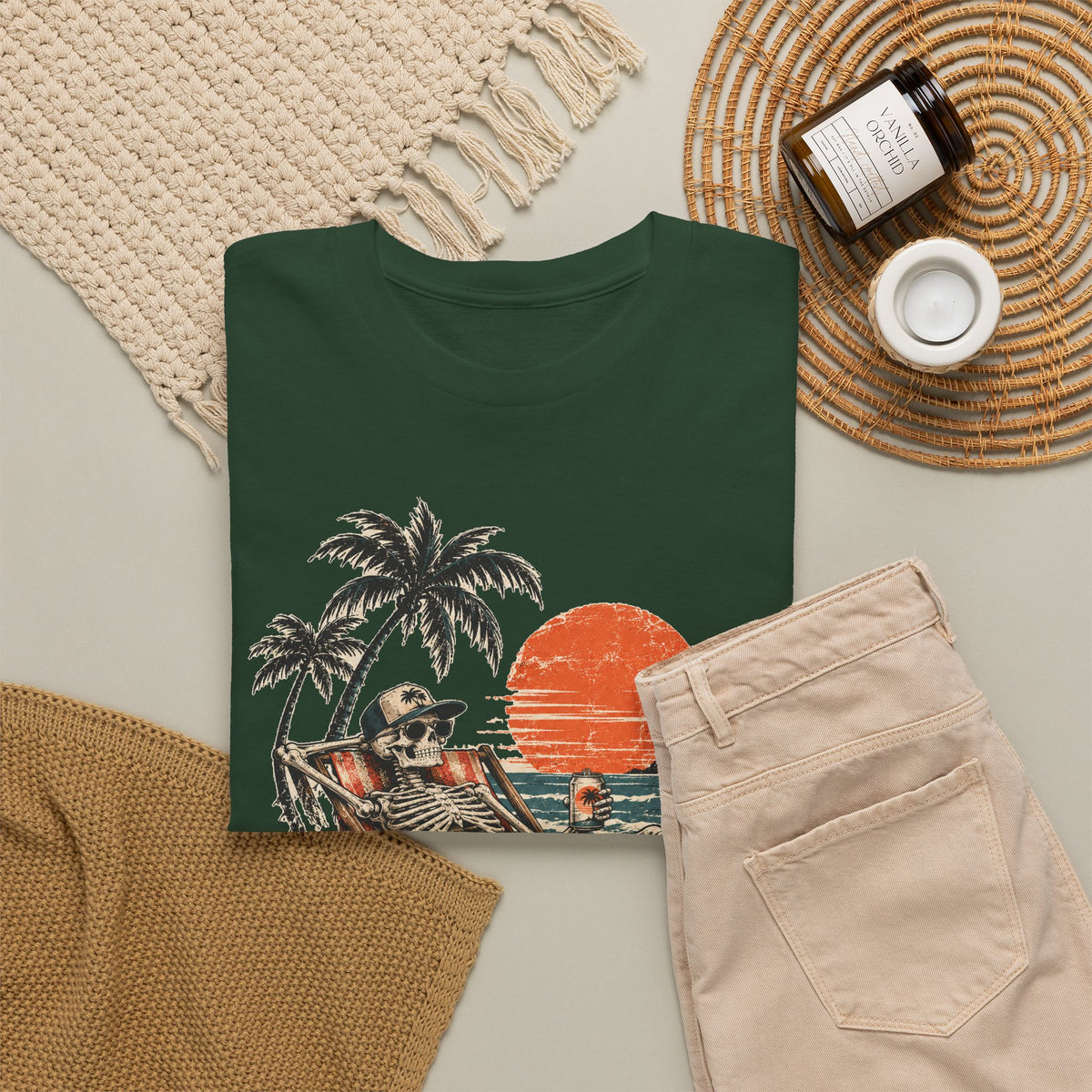 Beach Skeleton Sunset T-Shirt Palm Trees Vacation Mode Funny Skeleton Graphic Tee