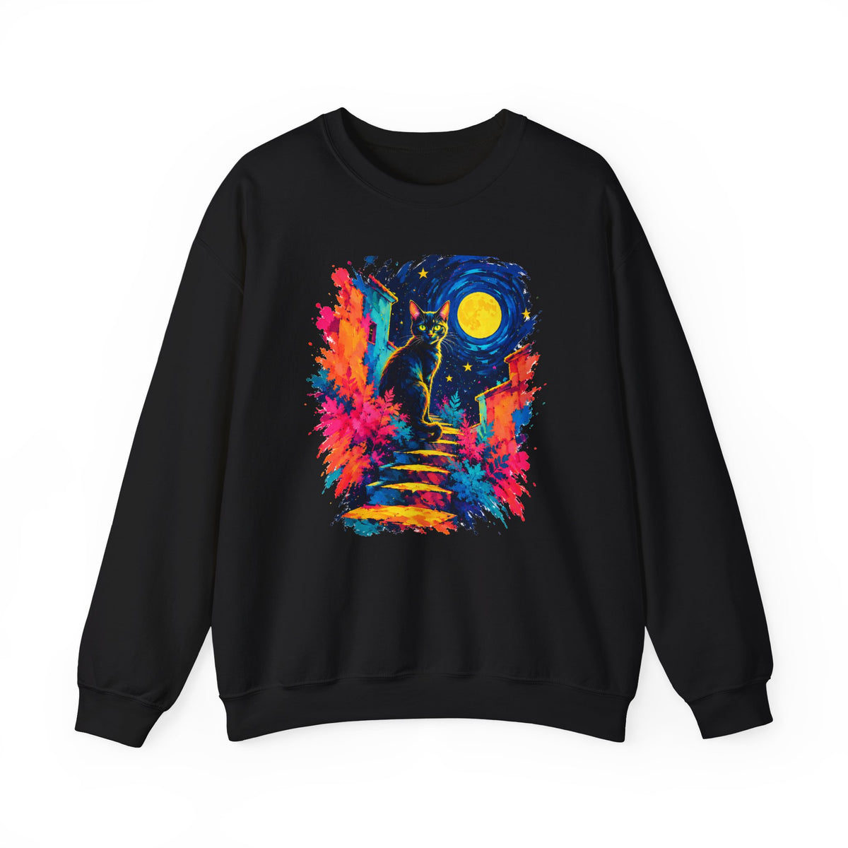 Black Cat on Moonlit Stairs Sweatshirt Swirling Night Sky Yellow Moon Colorful Cat Art Crewneck