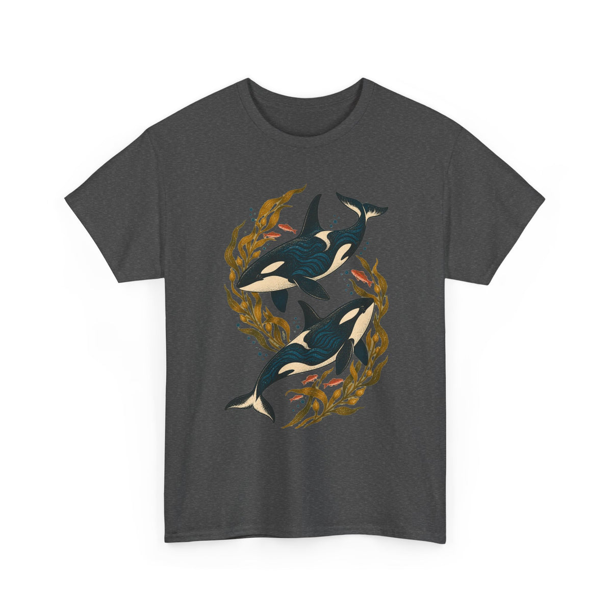 Orca Kelp Duo Tee Two Killer Whales Golden Kelp Forest Orange Fish Ocean Shirt