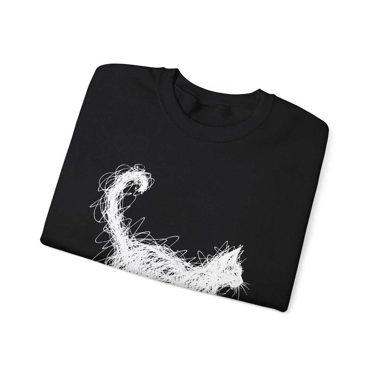 Scribble White Cat on Black Sweatshirt Minimal Line Art Cat