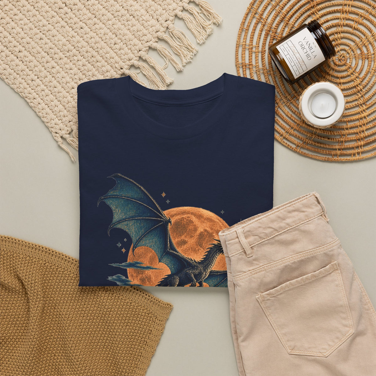 Dragon Full Moon Pine Forest T-Shirt Woodcut Fantasy Dragon Orange Moon Mountains Tee