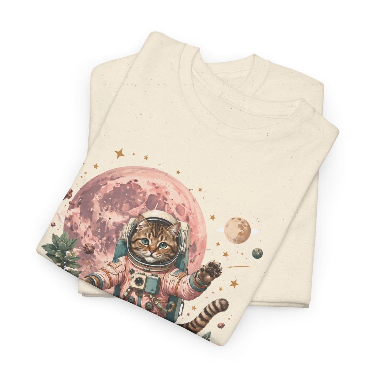 Tabby Cat Astronaut T-Shirt Pastel Pink Moon Space Cat Waving Tee