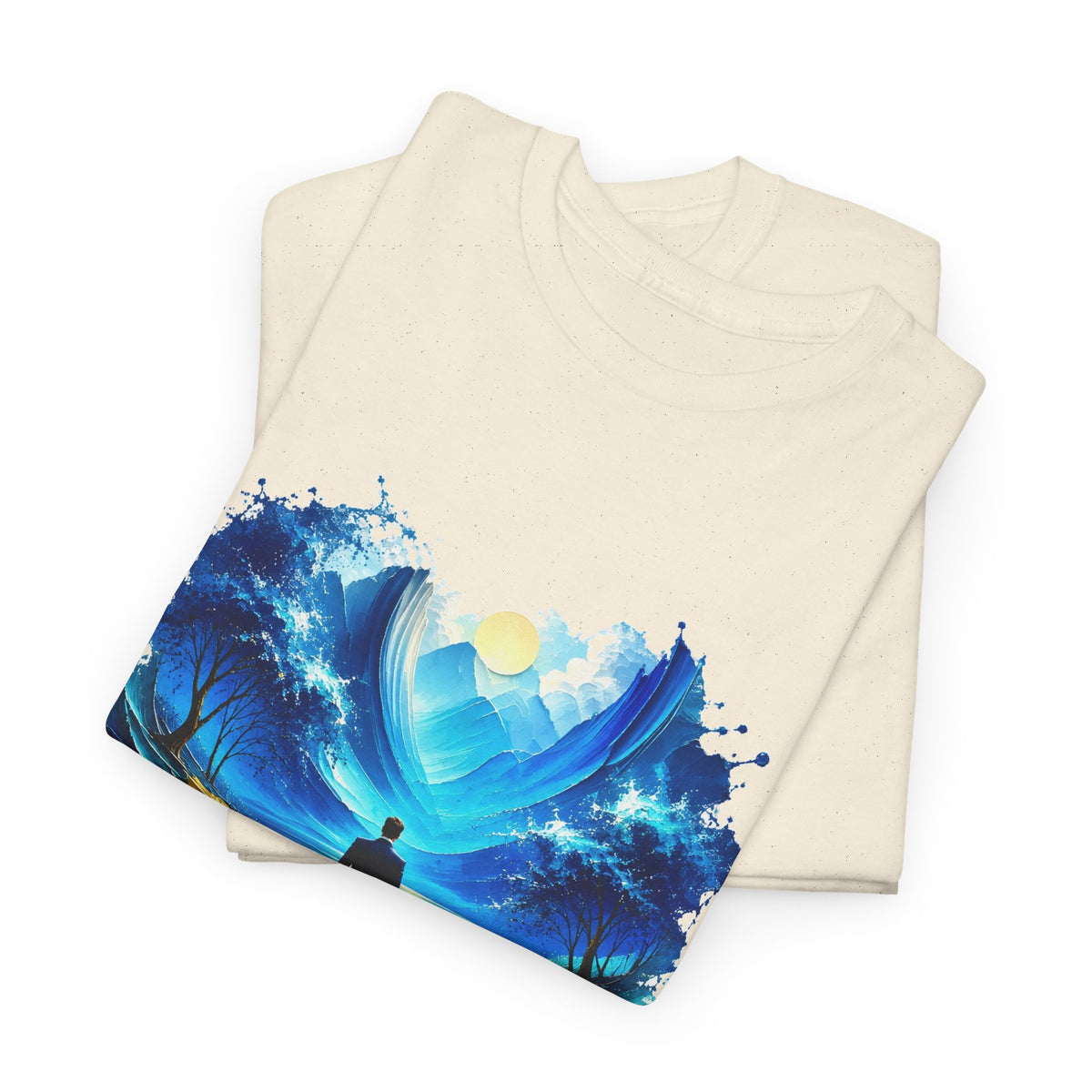 Blue Dreamscape Wanderer T-Shirt Man Walking on Water Toward the Sun Paint Splash Art