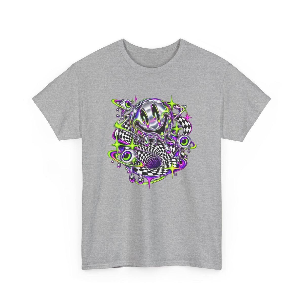 Chrome Melting Smiley T-Shirt Acid Trippy Y2K Psychedelic Tee