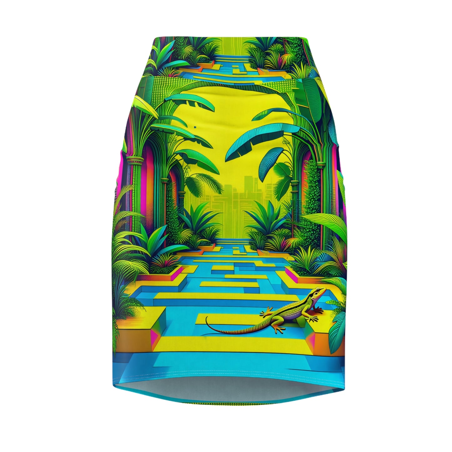 Pencil Skirt - Tropical Plants and Lizard Print