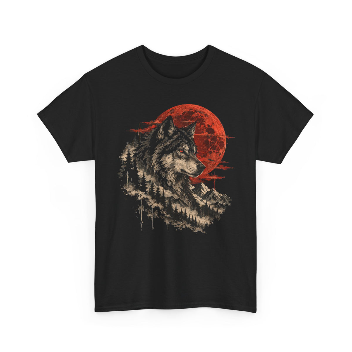 Blood Moon Wolf T-Shirt Gray Wolf Red Full Moon Pine Forest Mountain Graphic Tee