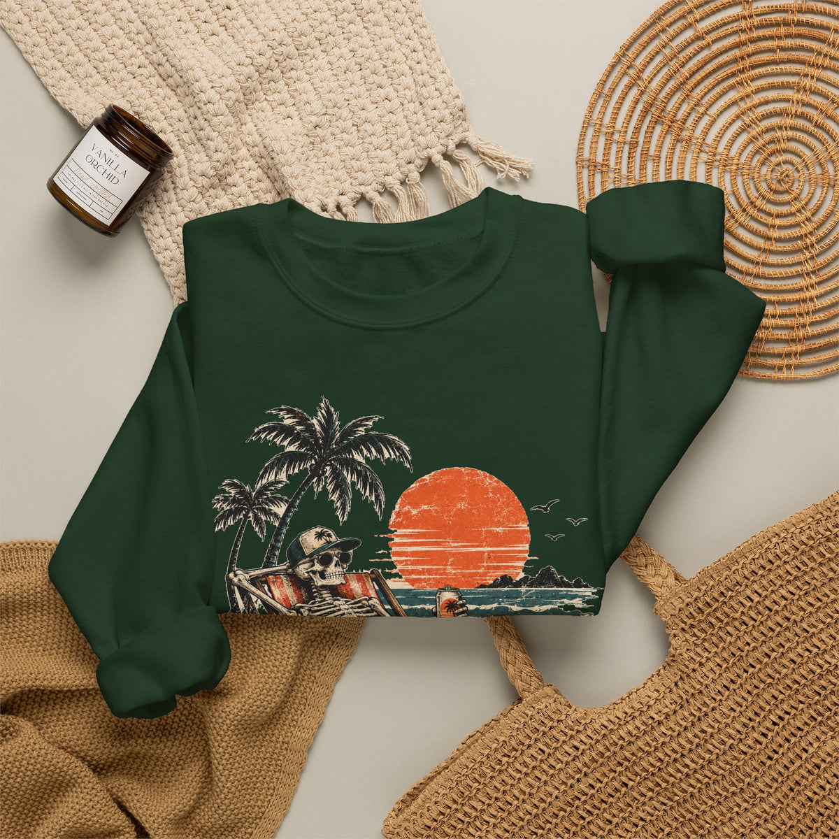 Beach Skeleton Sunset Sweatshirt Palm Trees Vacation Mode Skeleton Crewneck