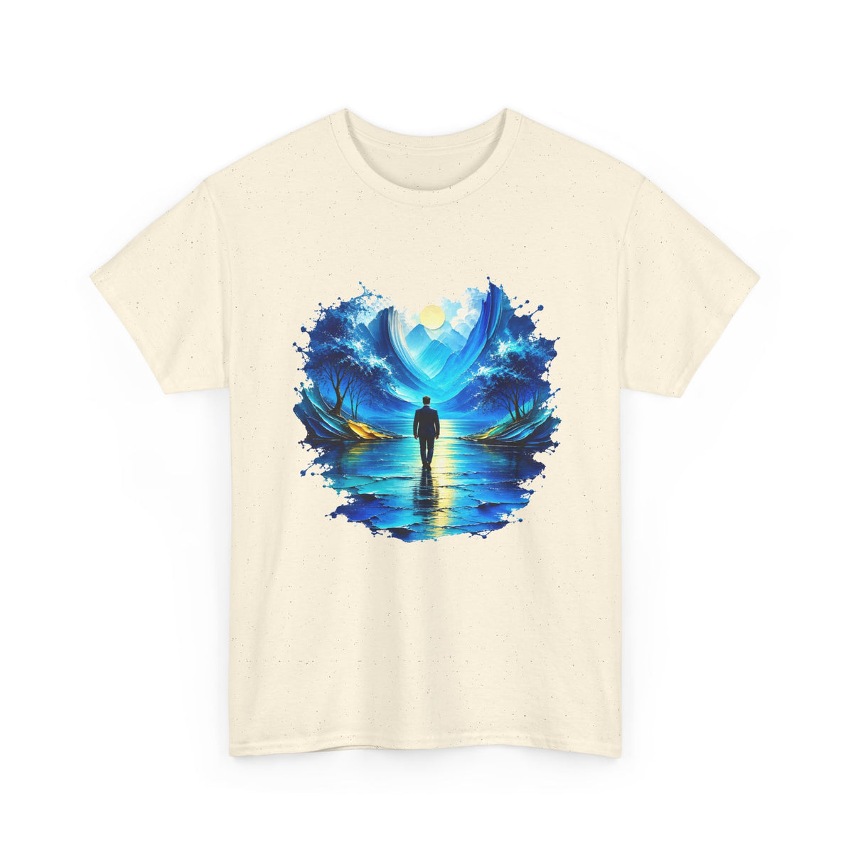 Blue Dreamscape Wanderer T-Shirt Man Walking on Water Toward the Sun Paint Splash Art