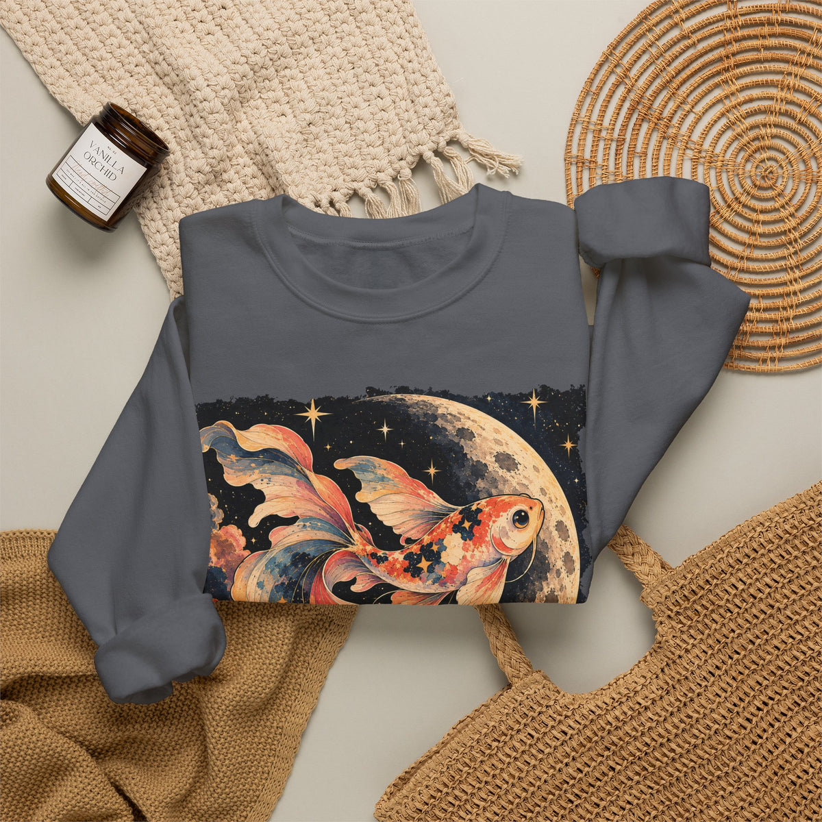 Koi Fish Moon Sweatshirt Celestial Koi Night Sky Full Moon Crewneck