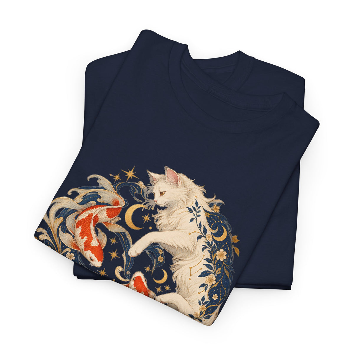 White Cat Koi Celestial T-Shirt Yin Yang Floral Cat Fish Tee