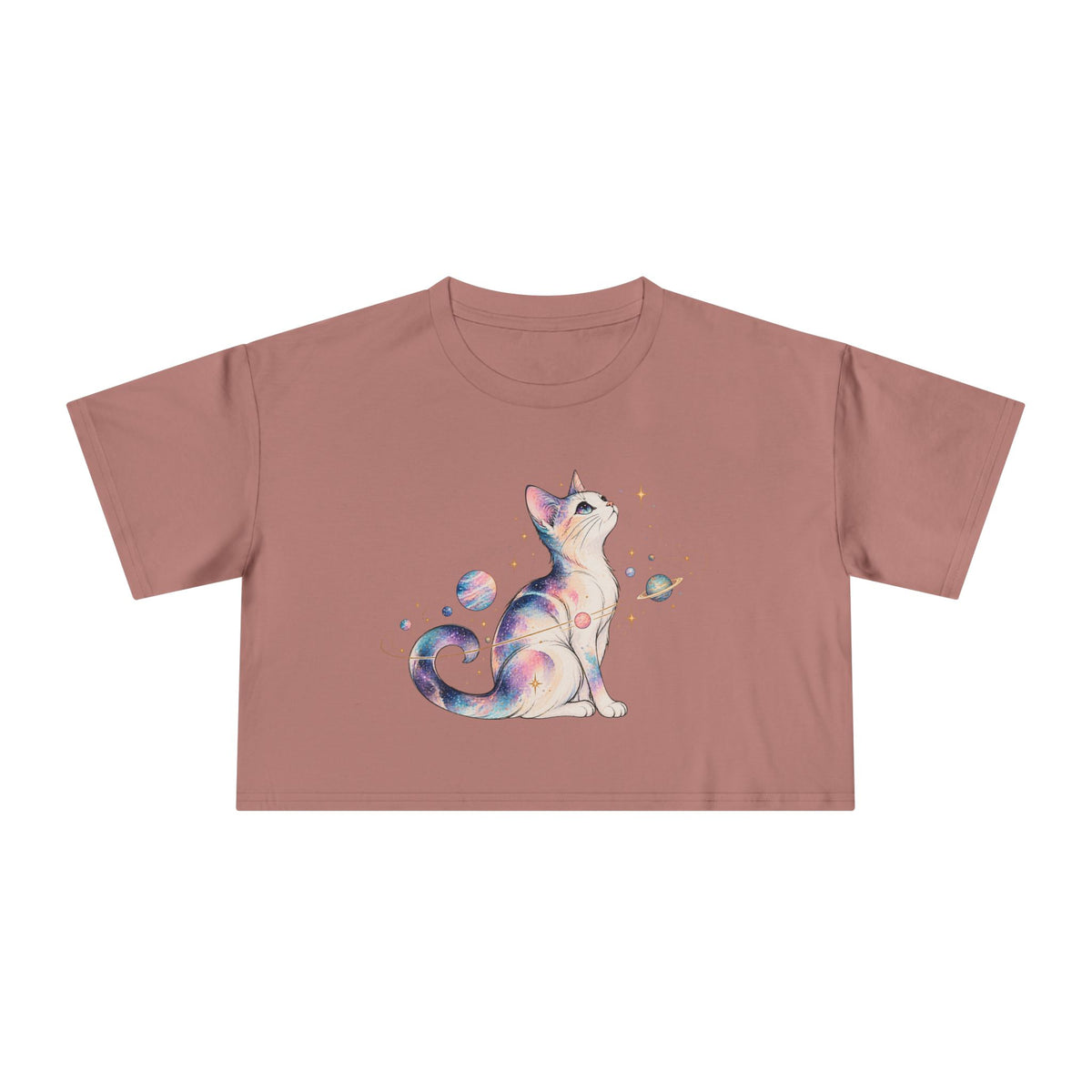 Cosmic Galaxy Cat Crop Tee, Pastel Watercolor Cat Planets Gold Stars Celestial Women's Cropped T-Shirt