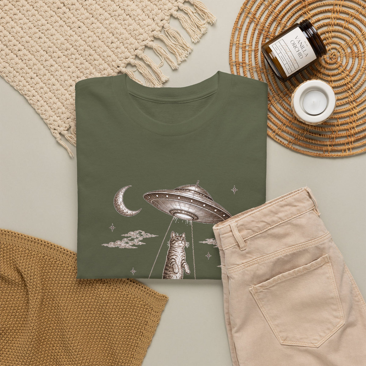 UFO Cat Abduction T-Shirt Sepia Desert Tabby Alien Beam Tee