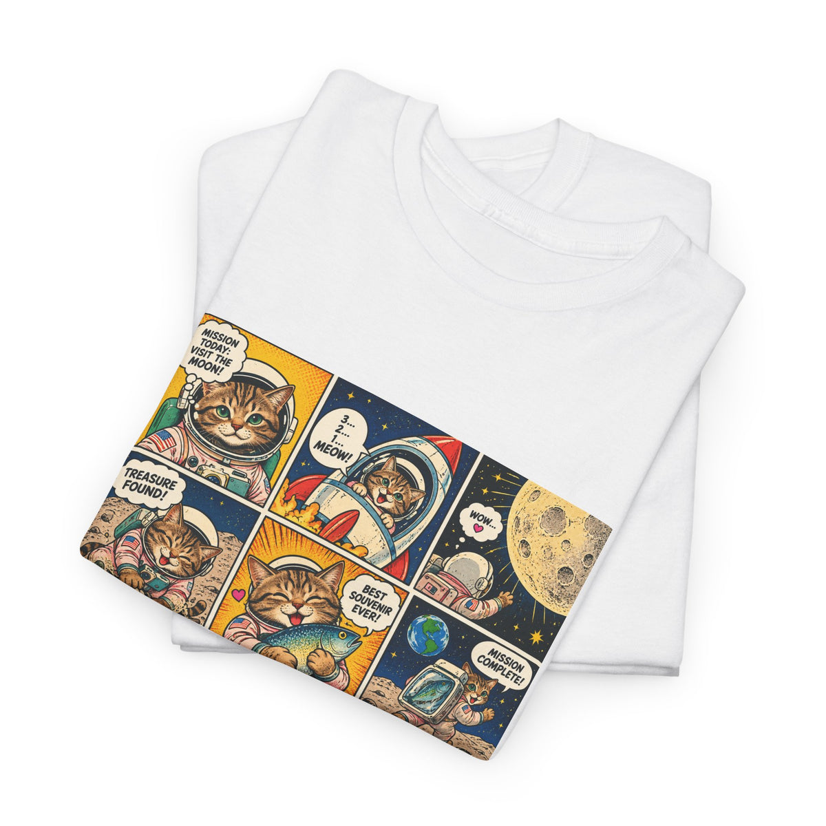 Astronaut Cat Comic T-Shirt, Space Cat Moon Mission Fish Funny Comic Strip Graphic Tee Unisex