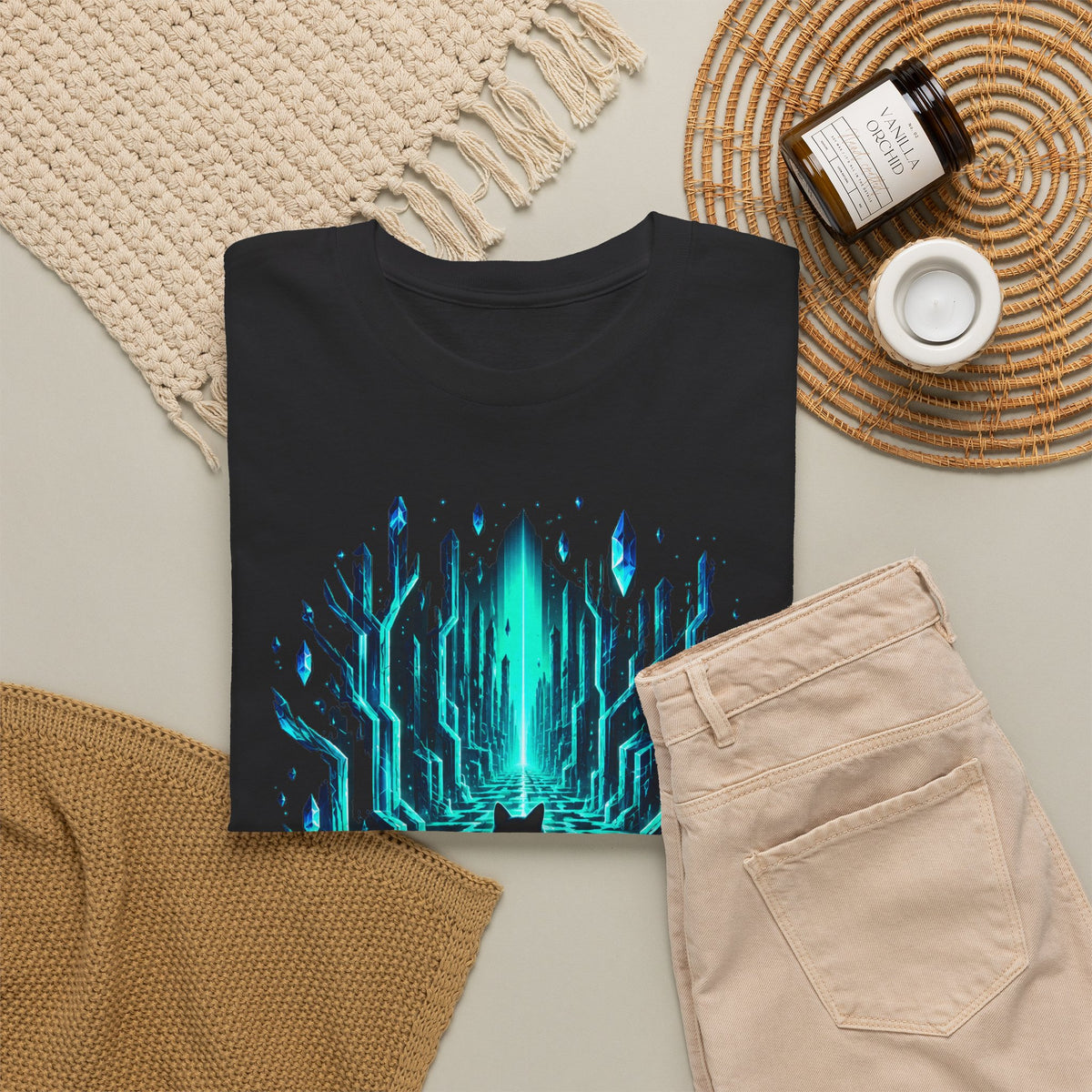 Glowing Crystal Maze Cat T-Shirt Black Cat Neon Teal Labyrinth Fantasy Tee