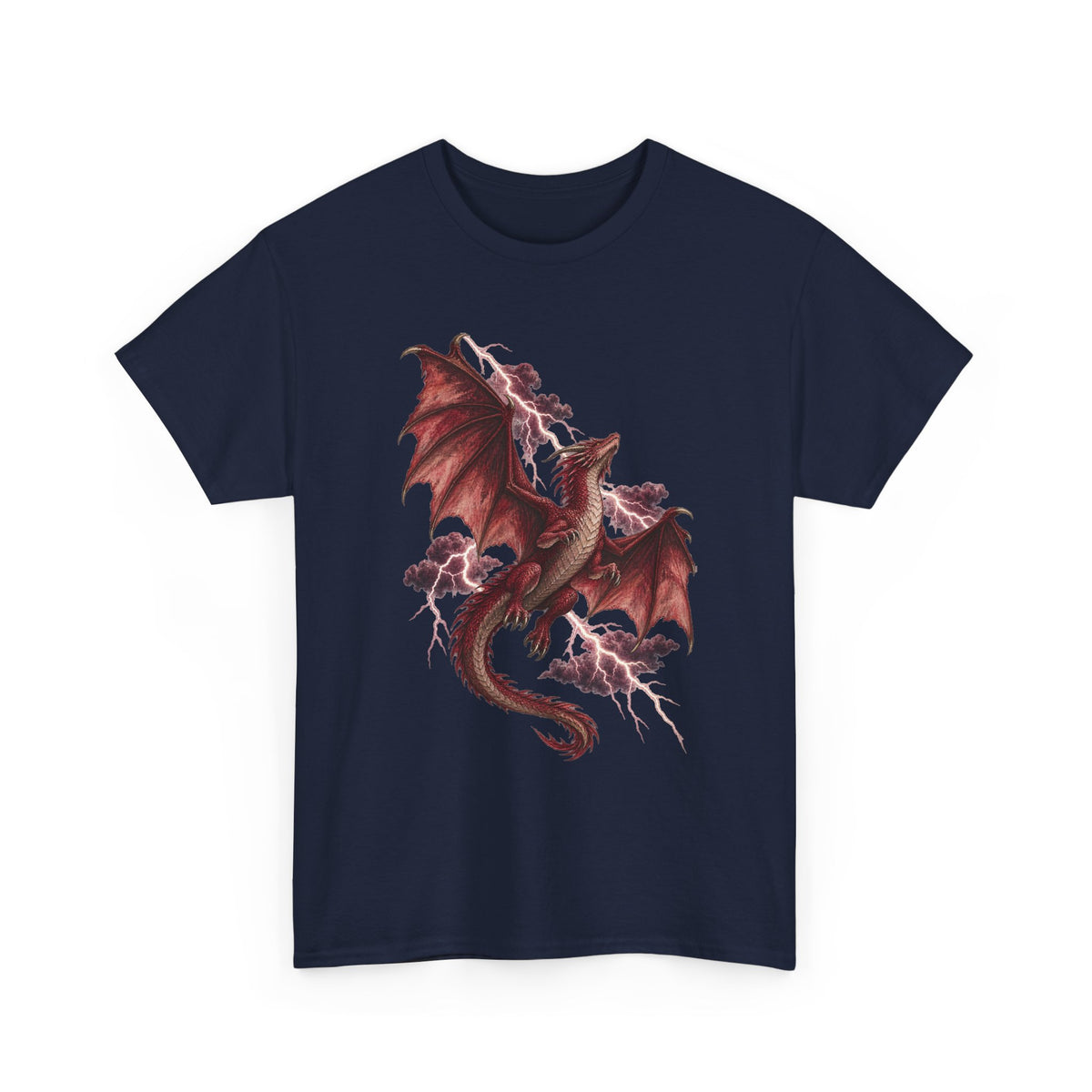 Red Lightning Storm Dragon T-Shirt Crimson Dragon Pink Lightning Purple Storm Clouds Fantasy Tee