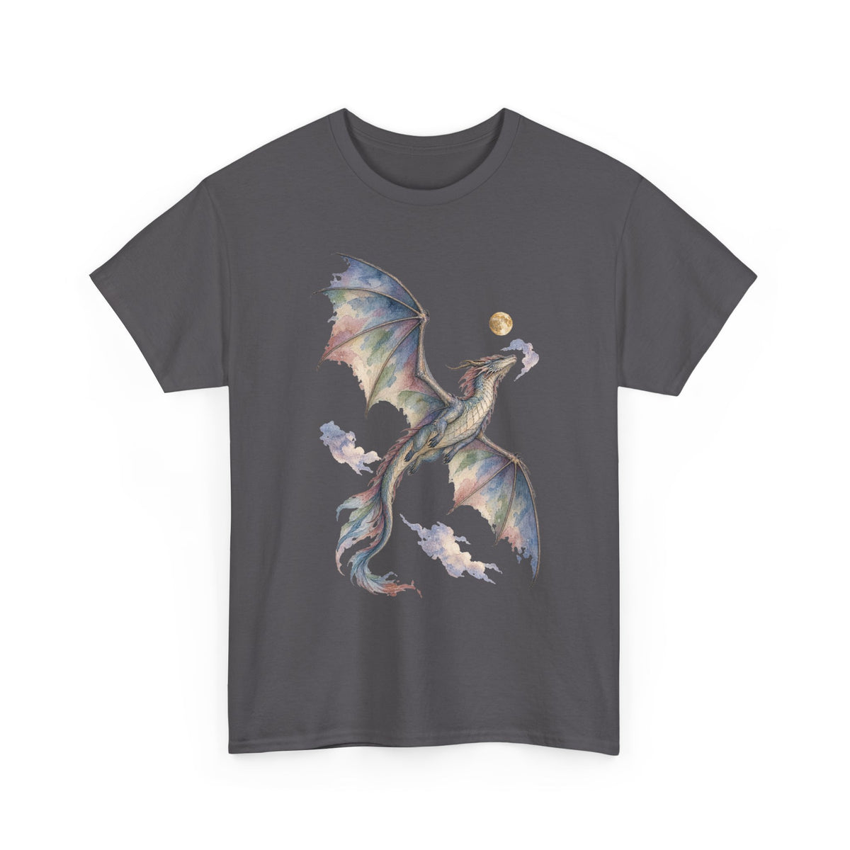 Watercolor Celestial Dragon Moon T-Shirt Fantasy Dragon Full Moon Clouds Dark Tee