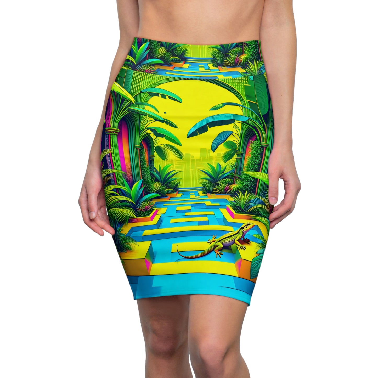 Pencil Skirt - Tropical Plants and Lizard Print