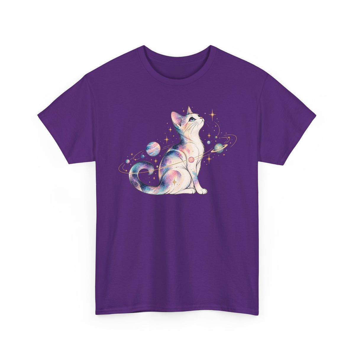 Cosmic Galaxy Cat T-Shirt, Pastel Watercolor Cat Planets Gold Stars Celestial Graphic Tee Unisex