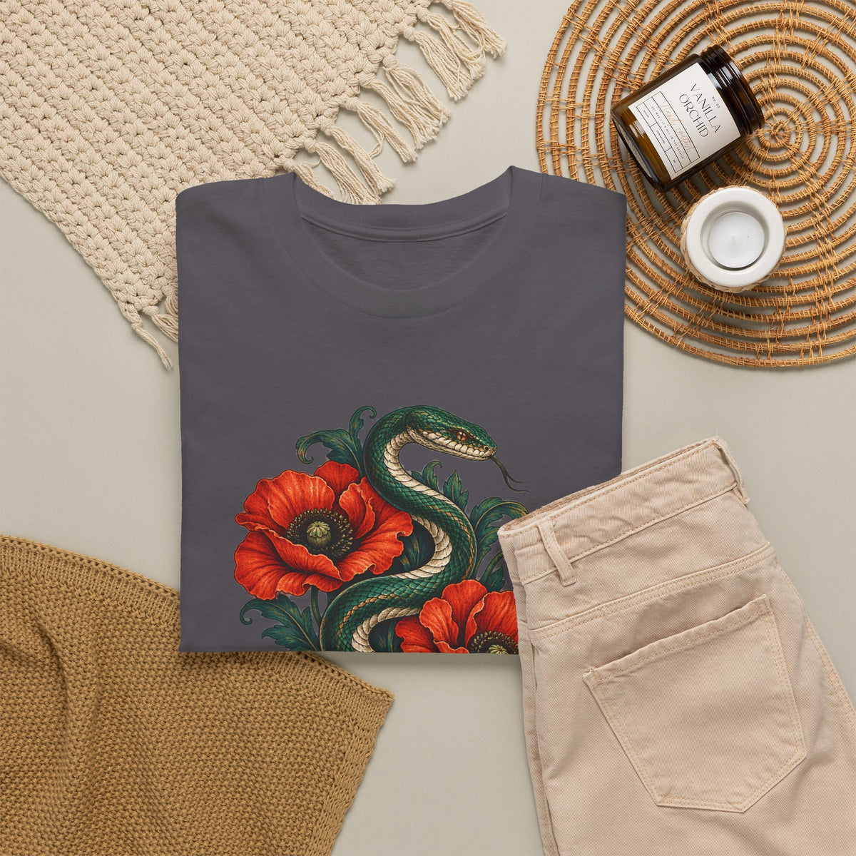 Green Snake Red Poppies T-Shirt Botanical Serpent Floral Tee