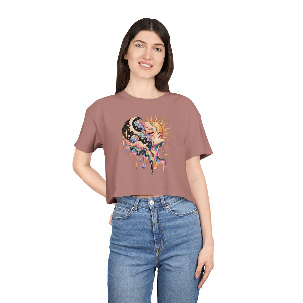 Celestial Sun and Moon Woman Crop Tee, Pastel Cloud Hair Melting Drip Planets Stars Women's Cropped T-Shirt