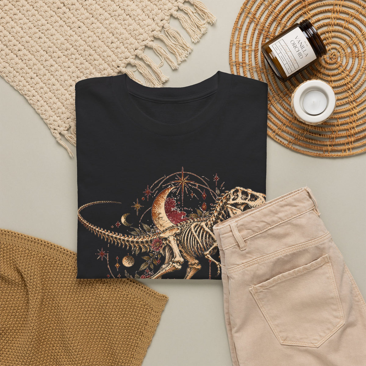 Celestial T-Rex Skeleton T-Shirt, Dinosaur Fossil Moon Stars Graphic Tee Unisex Dark Academia Shirt