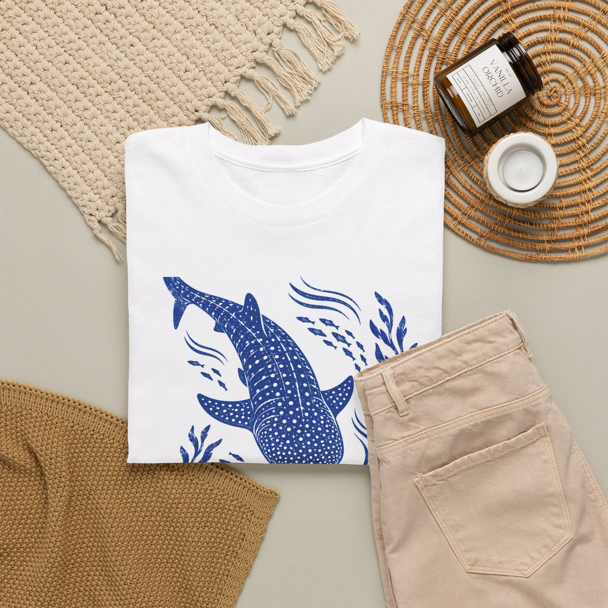 Whale Shark Linocut T-Shirt Blue Block Print Ocean Seaweed Fish Tee